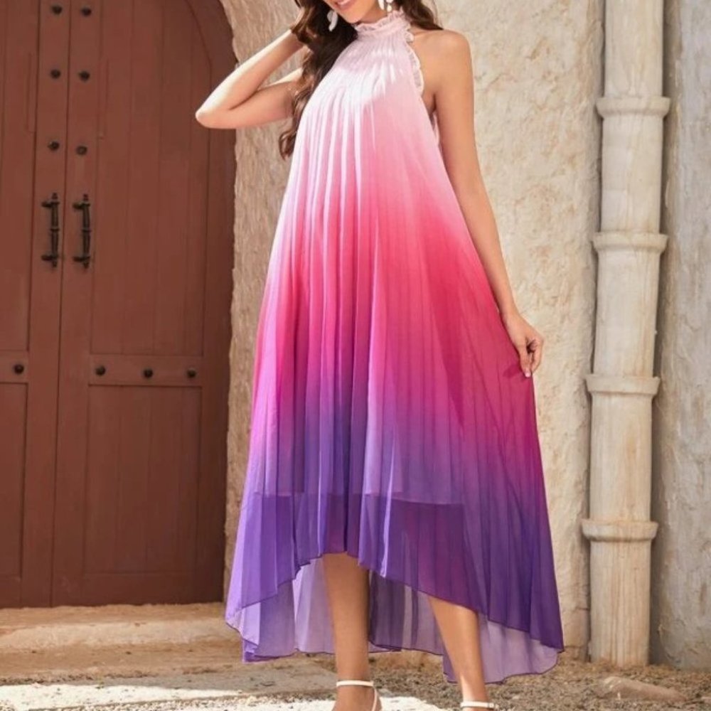 Multi color Ombre High Low Pleated Dress - Picture 4 of 5